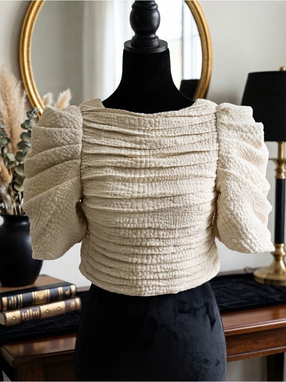 H&M NWT Light Beige Draped Crop Top Textured Crêpe Puff Sleeves XS